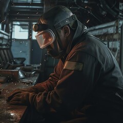 A worker in a shipyard welding metal sheets. - obrazy, fototapety, plakaty