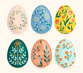 Colored Easter eggs set. Collection of natural products in coloring with flowers. Symbol of spring traditional religious holiday. Cartoon flat vector illustrations isolated on white background