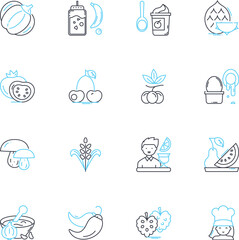 Eatery linear icons set. Delicious, Tasty, Flavorful, Savory, Mouthwatering, Delectable, Scrumptious line vector and concept signs. Gourmet,Satisfying,Homemade outline illustrations