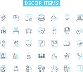 Decor items linear icons set. Vase, Pillow, Lamp, Rug, Tablecloth, Shelves, Arrk line vector and concept signs. Pottery,Clock,Curtain outline illustrations