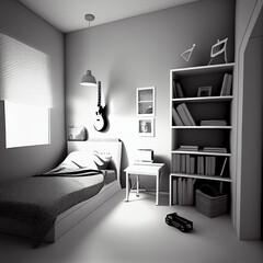 Minimalist 3D Render of Teen Bedroom
