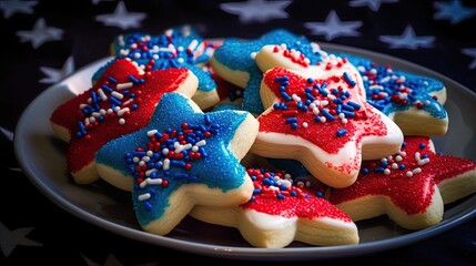 A plate of red white and blue star-shaped cookies with sprinkles, independence day cookies, 4th of July, generative ai