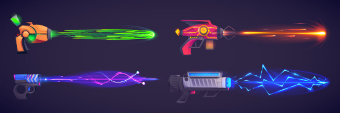 Cartoon set of futuristic game laser guns isolated on black background. Vector illustration of magic space weapon with neon beams, energy strike effect, shot trace, alien blaster attack. Scifi pistol