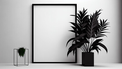 Office mockup with empty frame and plants