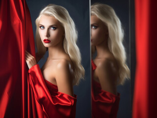 Fototapeta premium Blondes Model Gesicht im Spiegel Porträt, ai generativ