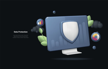 Data Protection concept. Realistic 3d illustration of Laptop computer with security shield symbol. Data protection, internet security concept. Landing page on dark background. Cartoon 3d style.
