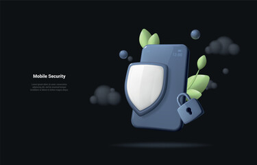 Phone security concept. Realistic 3d illustration of a mobile phone and security shield against hacking. The concept of protection of personal data. Landing page on dark background. Cartoon 3d style.