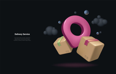 Delivery service concept. Cartoon 3d illustration of Cardboard boxes around the geolocation symbol. Landing page on dark background. Plastic 3D style.