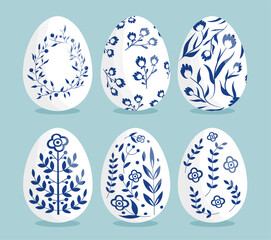Easter egg collection. Blue floral patterns. Symbol of spring religious traditional holiday. Design elements for greeting postcards. Cartoon flat vector illustrations isolated on blue background