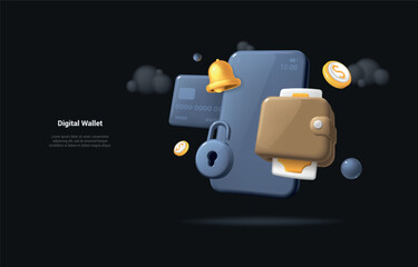 Mobile Financial Security concept. 3d illustration of security lock icon on phone with brown wallet. Concept illustration of mobile money protection. Reaistic 3d style