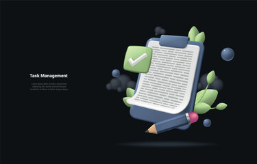 Dark 3d clipboard task management todo check list, efficient work on project plan, fast summary, assignment and exam, productivity solution 3d icon. 3d vector render on paper black background