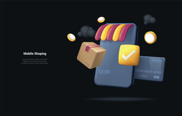 Mobile Shopping concept. Cartoon 3d illustration of Shopping Online on Mobile phone Application Concept illustration and Digital marketing promotion. Landing page on dark background. Reaistic 3d style