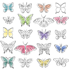 Fototapeta na wymiar Seamless pattern, abstract silhouettes of butterflies, line, watercolor.