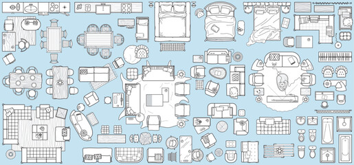 Collection of furniture and equipment top view for house plan. Interior icons set for bathrooms and living room, kitchen and bedroom (view from above). Vector blueprint for apartment floor plan - 596233733