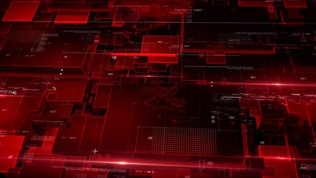 Red Abstract Tech Earth Globalization in 3d Motion Graphic. broadcast world map background Transfer 5g Web Communications Signal on Worldwide, Global Business Dots red Planet background with Hud tiles