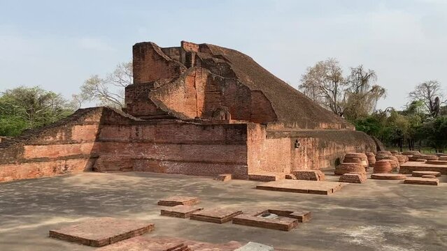 The main building of Nalanda which is in rupees notes. Ruins of Old Nalanda University historic Indian architecture.