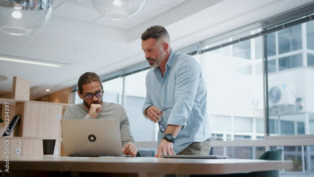 Wall mural two software developers discussing a project in an office, using a laptop to review their progress. 