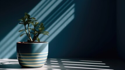 Botanical Beauty in Sunlight: Potted Plant Thriving Near Striped Shadows on Blue Wall. Generative ai illustration