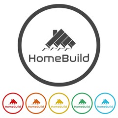 Home Build logo. Set icons in color circle buttons