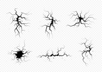 Ground cracks set. Collection of fractures on copy space. Design element for animation of damage, demolition and destruction. Cartoon flat vector illustrations isolated on transparent background