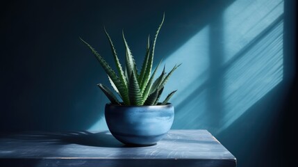 Dramatic Shadows of Potted Aloe Vera next to Light Blue Wall in Dark Blue Stripe - Generative AI Illustration