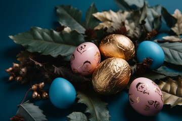 Blue background with gold and pink eggs, leaves, and pineconi, and eggs with green leaves. Generative AI