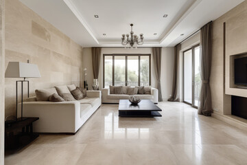 Naklejka na ściany i meble Interior of a beige living room in a travertine home, generative AI