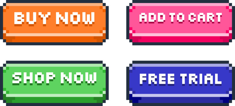 4 pixel art ecommerce buy buttons for online store with dot fonts