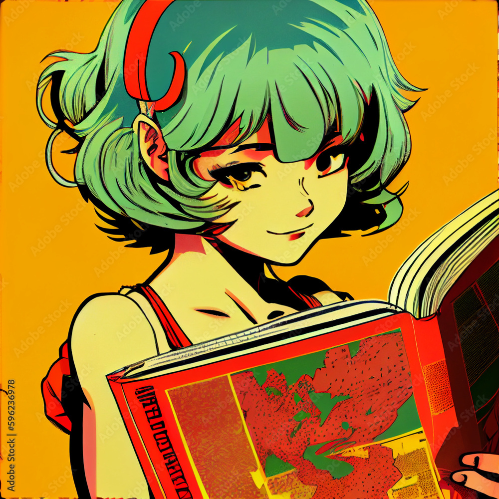 Wall mural pop art manga girl reading book generative ai