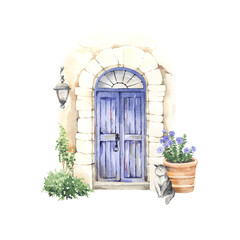 Antique vintage door in Provence style with decorative elements, watercolor isolated illustration purple door, flowers in pot, outdoor plants, gray cat and lantern, composition with facade in home. - 596236971