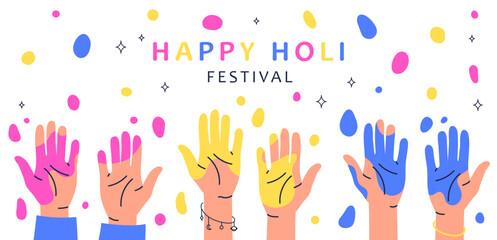 Happy Holi Festival. Hands with yellow purple and blue paint on background of stains. Traditional Indian holiday. Design element for greeting postcard. Cartoon flat vector illustration