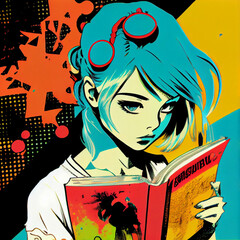 pop art manga girl reading book generative ai