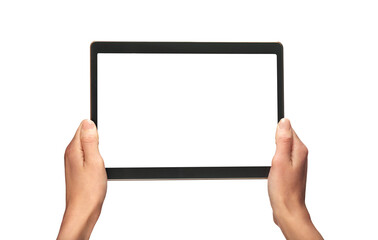 A woman's hand holding a mobile computer screen, tablet display with a transparent background and display to insert business message.