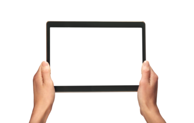 A woman's hand holding a mobile computer screen, tablet display with a transparent background and display to insert business message.