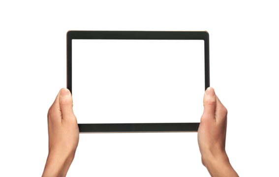 A woman's hand holding a mobile computer screen, tablet display with a transparent background and display to insert business message. - Powered by Adobe