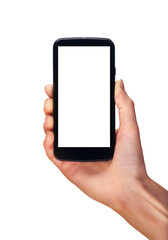 A woman's hand holding a mobile phone screen display with a transparent background and display to insert business message.