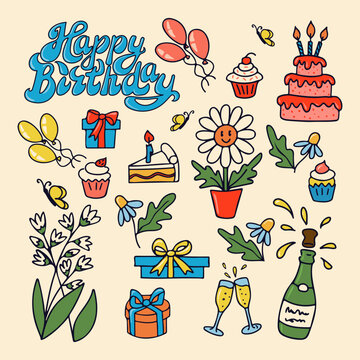 Birthday cartoon retro design set. Vector outline hand drawn elements related to birthday party. Isolated vector. Can be used as stickers, scrapbooking elements
