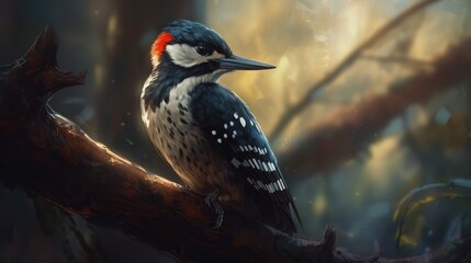 Fototapeta premium Woodpecker Bird Perched on Tree Branch in Forest - Generative AI Illustration
