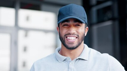 Face, smile and delivery man with cap in city with pride for career, job or occupation outdoor. Portrait, happiness and male courier with confidence and proud professional from India in urban street.