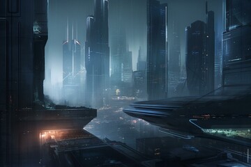 Digital sci-fi painting depicting a futuristic cityscape. Generative AI