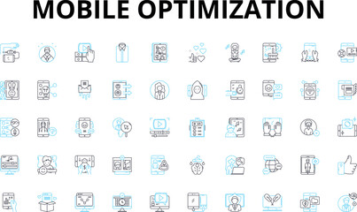 Mobile optimization linear icons set. Responsiveness, Compatibility, Adaptability, Streamlining, Efficiency, Accessibility, User-friendliness vector symbols and line concept signs. Integration