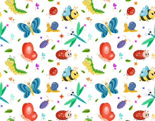 Insects seamless pattern. Repeating design element for printing on fabric. Butterfly, caterpillar and dragonfly. Flora and fauna, wild life. Spring and summer. Cartoon flat vector illustration