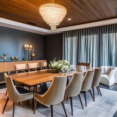 15 A mid-century modern-style dining room with a mix of wooden and upholstered finishes, a classic chandelier, and a large, formal dining table with seating for eight4, Generative AI