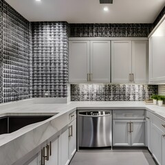 11 A laundry room with a mix of white and gray finishes, a large, graphic tile backsplash, and a mix of open and closed storage1, Generative AI