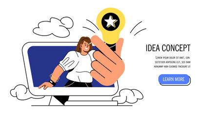 Inspiration idea concept. Woman with light bulb on computer display. Illumination and brainstorming. Entrepreneur with idea for start up or business project. Cartoon flat vector illustration