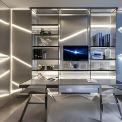 20 A futuristic, space-inspired home office with a mix of metallic and glossy finishes, a large, wall-mounted desk, and a mix of open and closed storage5, Generative AI