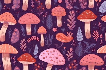 flat cute mushrooms in pink shades with purple accents, seamless texture. generative AI