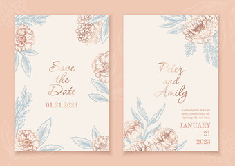 Invitation with flowers set. Poster or banner collection with line plants and place for text. Valentines day and wedding anniversary postcard. Flat vector illustrations isolated on beige background