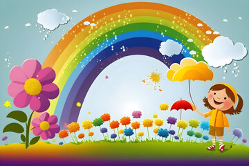 Obraz na płótnie Canvas Illustration of nature and rainbow for international children's day with place for text. With Generative AI tehnology.