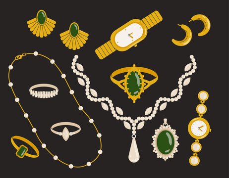 Set of jewerly. Collection of gold earrings, bracelets and chains with lamaze. Luxury and wealth. Elegant accessories for women. Cartoon flat vector illustrations isolated on black background